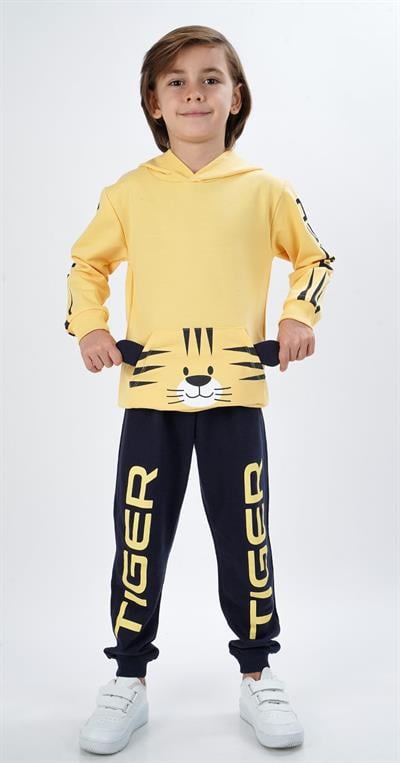 Erkek Çocuk Kaplan Baskılı Eşofman Takımı Sarı Siyah Kapüşonlu Rahat Spor Giyim