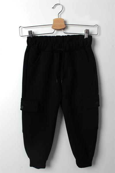 Erkek Çocuk Siyah Kalın Şardonlu Kargo Eşofman Altı – Kışlık Lastikli Paça Rahat Kesim