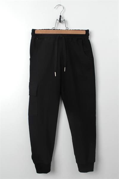 Erkek Çocuk Siyah Kargo Cepli Jogger Eşofman Altı Lastikli Paça Rahat Kesim Günlük Okul