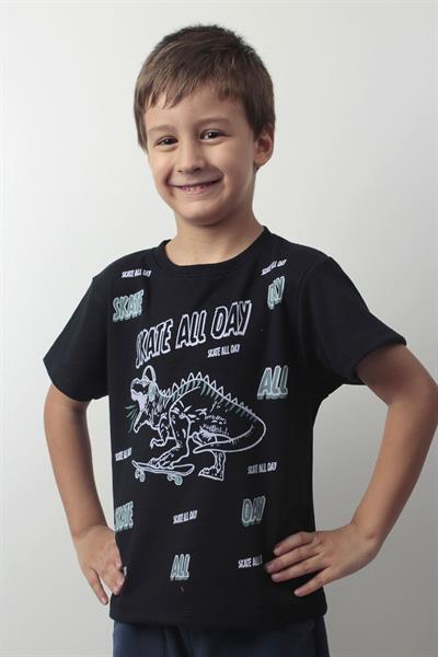Erkek Çocuk Siyah Dinozorlu Kaykay Baskılı Kısa Kollu Pamuk Tişört - Skate All Day