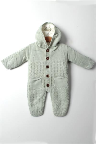 Erkek Kapüşonlu Cepli Tulum Su Yeşili - Bebek Kışlık Kalın Triko Tulum Düğmeli