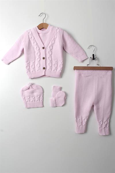 Kız Bebek 5li Pembe Triko Takım Kışlık Yelek, Kazak, Pantolon, Bere, Patik Kalın Örgü