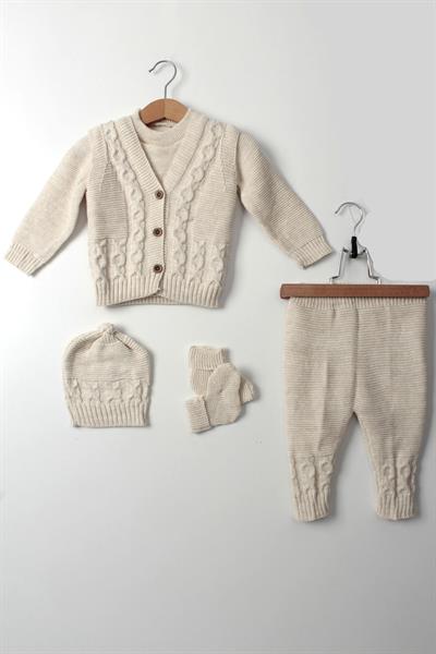 Unisex Bebek 5li Bej Triko Takım Kışlık Yelek, Kazak, Pantolon, Bere, Patik Kalın Örgü