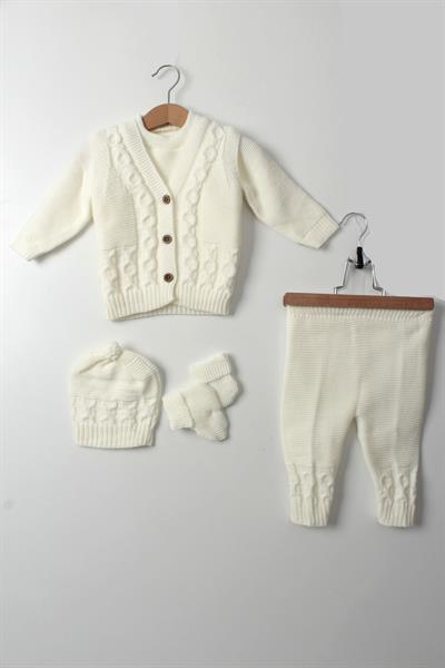Unisex Bebek 5li Beyaz Triko Takım Kışlık Yelek, Kazak, Pantolon, Bere, Patik Kalın Örgü
