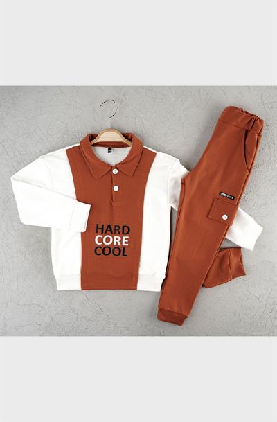 Erkek Çocuk 2li Mevsimlik Spor Eşofman Takımı – Polo Yaka Baskılı Pamuklu Kiremit Kombin