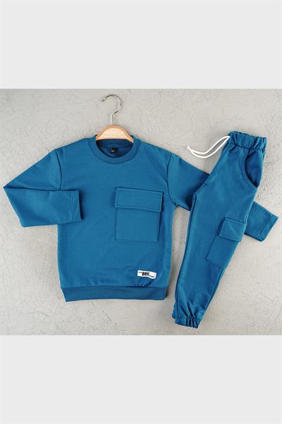 Erkek Çocuk Mavi Cepli Mevsimlik Eşofman Takımı | Rahat Sweatshirt ve Jogger Alt