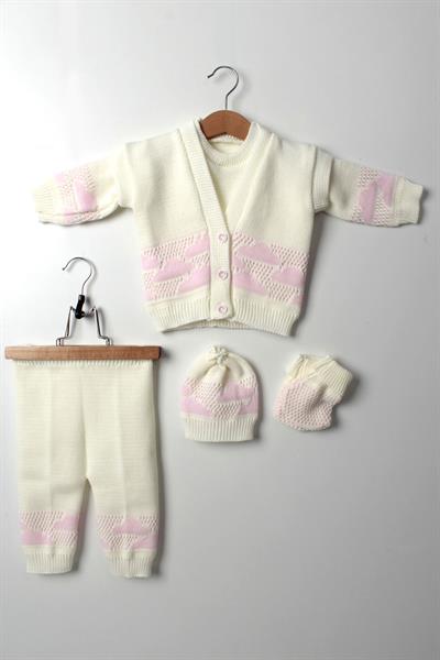 Kız Bebek Triko Takım 5 Parça Pembe Bulut Desenli Kazak Yelek Pantolon Bere Eldiven