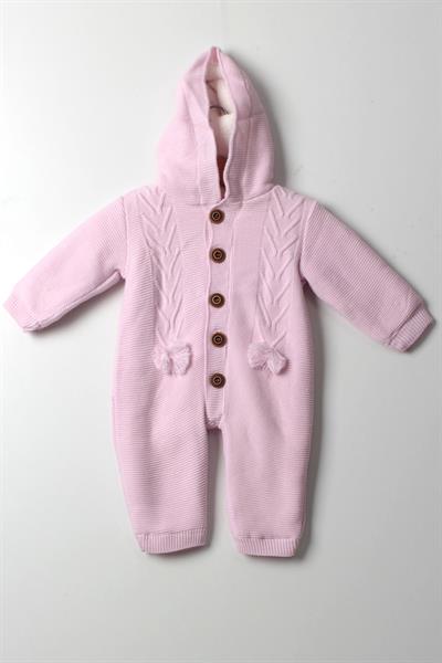 Kız Bebek Pembe Triko Tulum Kapüşonlu Püskül Desenli Sıcak Kışlık Bebek Tulumu