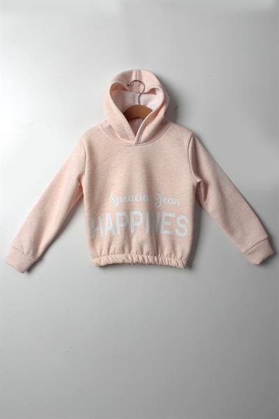 Kız Çocuk 5-10 Yaş Şardonlu Kalın Sweatshirt - Kapüşonlu Somon HAPPINESS Baskılı