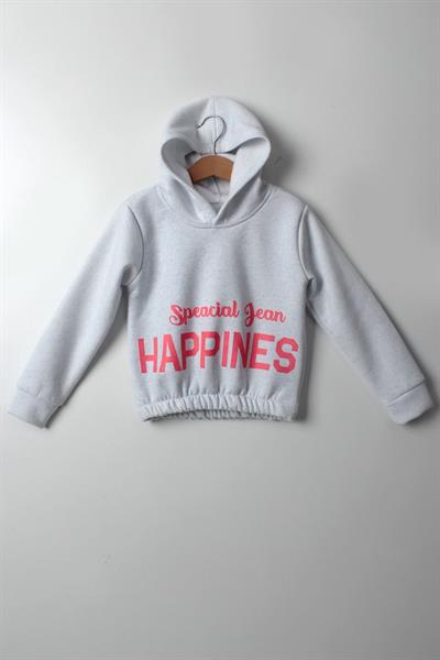 Kız Çocuk 5-10 Yaş Şardonlu Kalın Sweatshirt - Kapüşonlu Bebe Mavisi HAPPINESS Baskılı