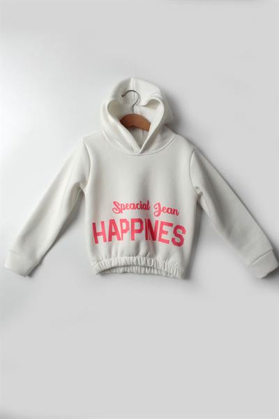 Kız Çocuk 5-10 Yaş Şardonlu Kalın Sweatshirt - Kapüşonlu Beyaz HAPPINESS Baskılı