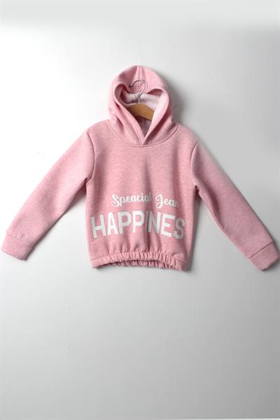 Kız Çocuk 5-10 Yaş Şardonlu Kalın Sweatshirt - Kapüşonlu Pembe HAPPINESS Baskılı