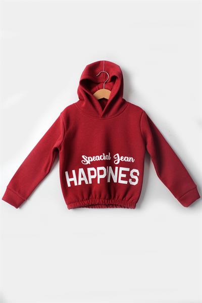 Kız Çocuk 5-10 Yaş Şardonlu Kalın Sweatshirt - Kapüşonlu Kırmızı HAPPINESS Baskılı