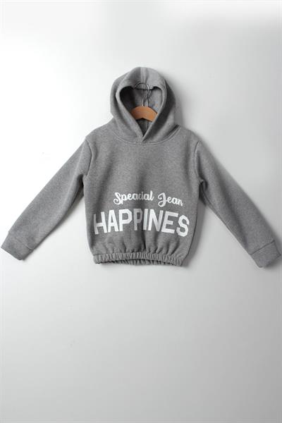 Kız Çocuk 5-10 Yaş Şardonlu Kalın Sweatshirt - Kapüşonlu Gri HAPPINESS Baskılı