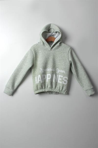 Kız Çocuk 5-10 Yaş Şardonlu Kalın Sweatshirt - Kapüşonlu Mint Yeşili HAPPINESS Baskılı