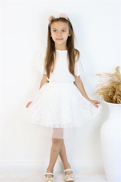 Kız Çocuk Beyaz Dantel Tüllü Etek ve Çiçekli Taç - Bayram, Doğum Günü, Düğün, Milli Bayram