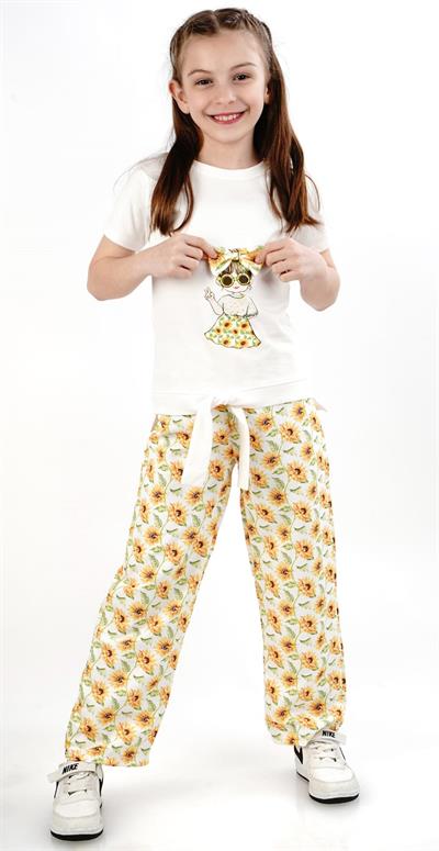 Kız Çocuk Beyaz Sarı Çiçekli Tişört Pantolon Takım Yazlık Pamuklu Rahat Kombin