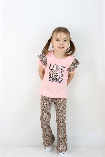 Kız Çocuk Somon Leopar Detaylı Yazlık Takım - Tişört ve İspanyol Paça Pantolon Kombin