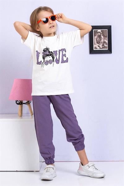 Kız Çocuk Love Baskılı Tişört ve Mor Eşofman Altı İkili Yazlık Takım