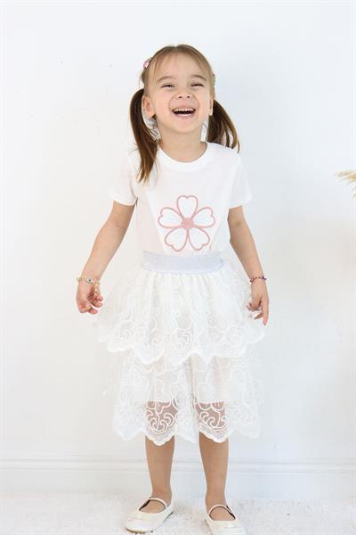 Kız Çocuk Özel Gün Takımı Beyaz Dantelli Katlı Etek ve Çiçekli Üst Parti Takımı