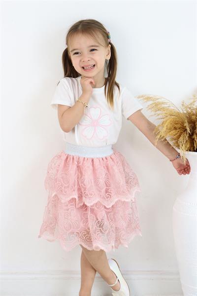 Kız Çocuk Özel Gün Takımı Pudra Dantelli Katlı Etek ve Çiçekli Üst Parti Takım