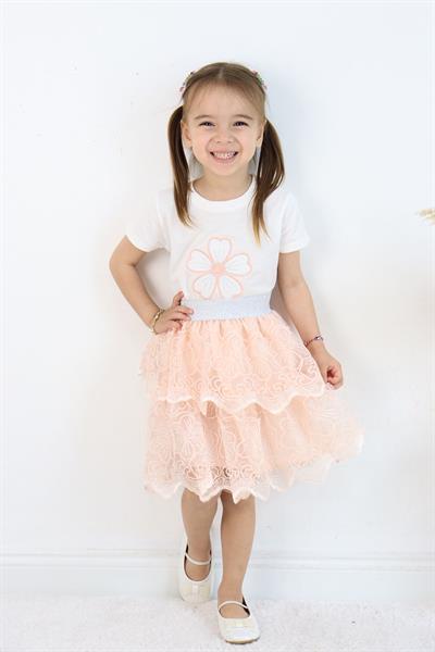 Kız Çocuk Özel Gün Takımı Somon Dantelli Katlı Etek ve Çiçekli Üst Parti Takım