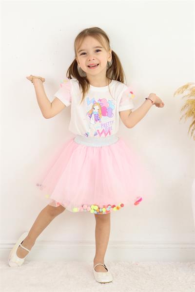 Kız Çocuk Pembe Tüllü Etek Takım - Şık Tişört & Ponponlu Tütü Etekli Prenses Kombin
