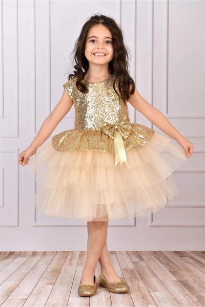 Kız Çocuk Abiye Elbise Tüllü Katlı Pul Payetli Gold Mezuniyet Düğün Doğum Günü