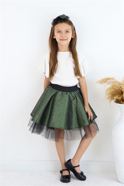 Kız Çocuk Tütü Etek Yeşil Simli Taçlı Set 23 Nisan 29 Ekim Doğum Günü Parti Kıyafeti