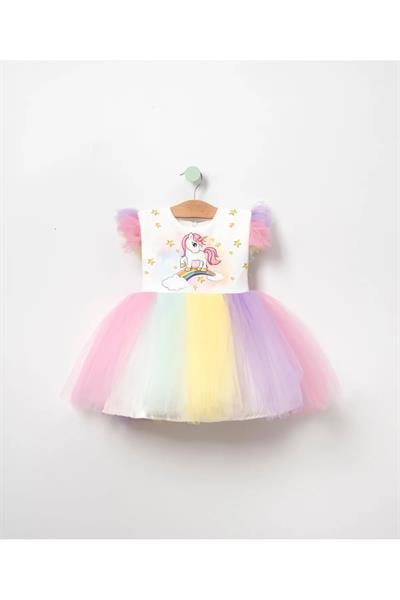 Kız Çocuk Unicorn Baskılı Renkli Tütü Tüllü Prenses Doğum Günü Parti Elbisesi