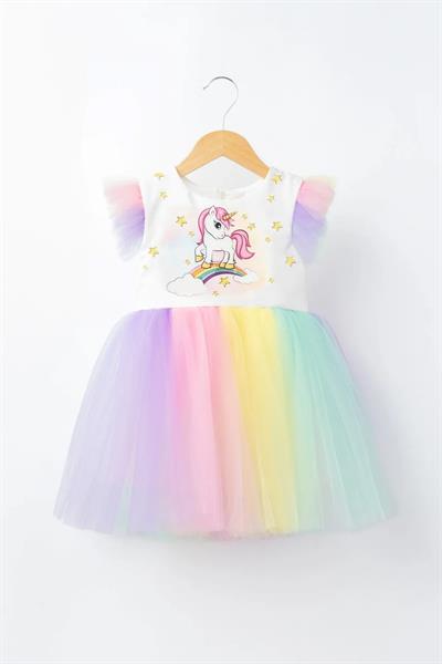 Kız Çocuk Unicorn Baskılı Renkli Tütü Tüllü Prenses Doğum Günü Parti Elbisesi