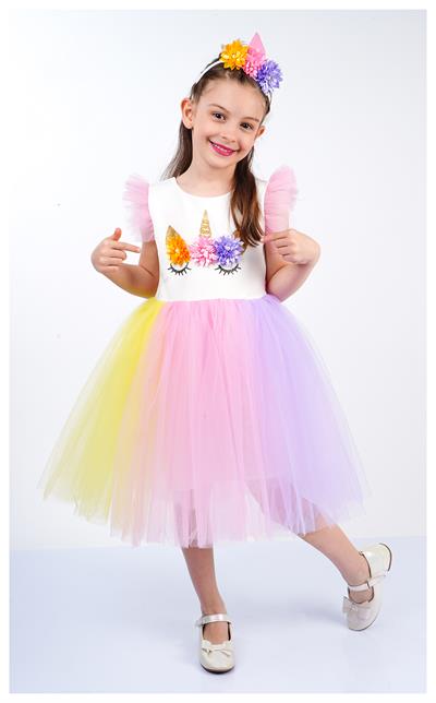Kız Çocuk Unicorn Elbise Tütü Tüllü Etekli Doğum Günü Parti Kostümü Renkli Abiye