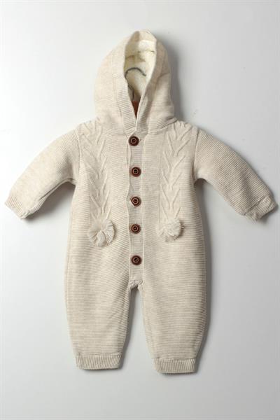 Kız Erkek Bebek Bej Triko Tulum Kapüşonlu Püskül Desenli Sıcak Kışlık Bebek Tulumu