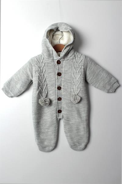 Kız Erkek Bebek Gri Triko Tulum Kapüşonlu Püskül Desenli Sıcak Kışlık Bebek Tulumu