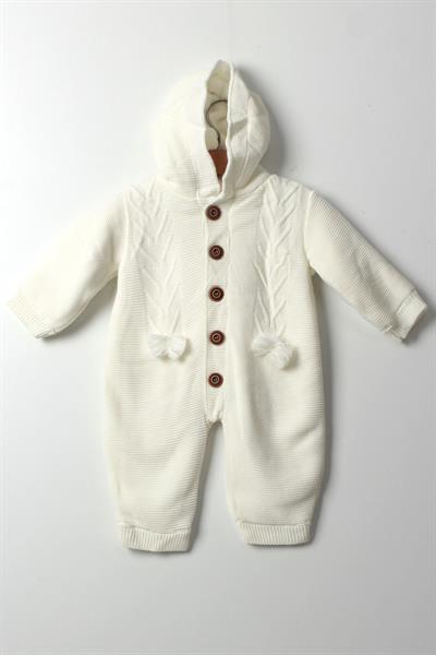 Kız Erkek Bebek Beyaz Triko Tulum Kapüşonlu Püskül Desenli Sıcak Kışlık Bebek Tulumu