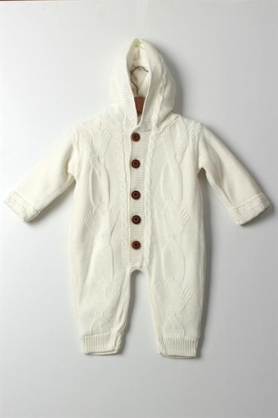 Kız Erkek Kapüşonlu Örgü Tulum Beyaz-Bebek Kışlık Kalın Triko Tulum Düğmeli