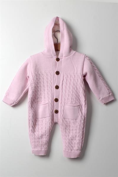 Kız Kapüşonlu Cepli Tulum Pembe- Bebek Kışlık Kalın Triko Tulum Düğmeli