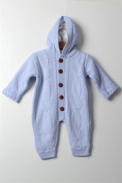 Erkek Kapüşonlu Örgü Tulum Bebe Mavisi- Bebek Kışlık Kalın Triko Tulum Düğmeli
