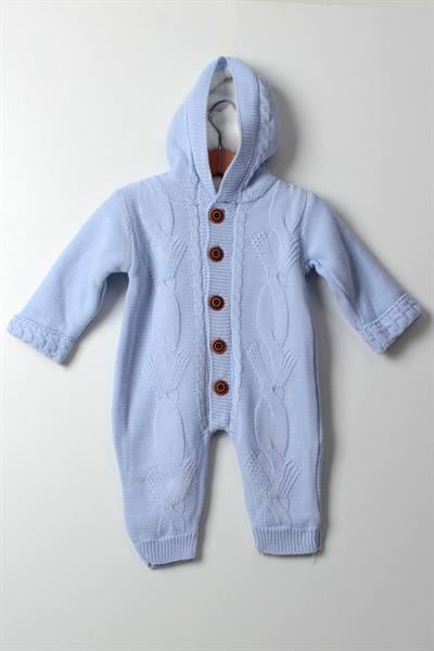 Kız Kapüşonlu Örgü Tulum Bebe Mavisi- Bebek Kışlık Kalın Triko Tulum Düğmeli