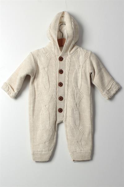 Kız Erkek Kapüşonlu Örgü Tulum Bej- Bebek Kışlık Kalın Triko Tulum Düğmeli