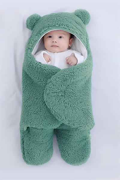 0-12 Ay Unisex Bebek Kulaklı Kapüşonlu Peluş Kundak Battaniye Uyku Tulumu Yeşil Kışlık