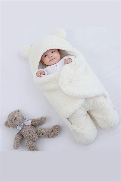 0-12 Ay Unisex Bebek Kapüşonlu Kulaklı Peluş Kundak Battaniye Uyku Tulumu Beyaz Kışlık