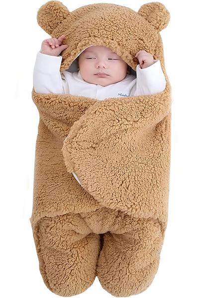 0-12 Ay Unisex Bebek Kapüşonlu Kulaklı Peluş Kundak Battaniye Uyku Tulumu Kahverengi