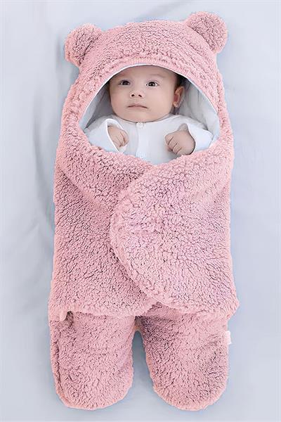0-12 Ay Bebek Kapüşonlu Kulaklı Kışlık Peluş Kundak Battaniye Uyku Tulumu Pudra