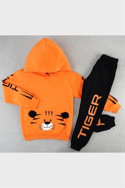 Erkek Çocuk Kaplan Baskılı Eşofman Takımı Turuncu Siyah Kapüşonlu Rahat Spor Giyim