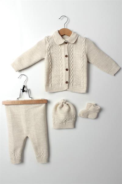 Unisex Bebek Bej Triko Takım 4lü Hırka, Pantolon, Bere, Patik Orta Kalın Örgü