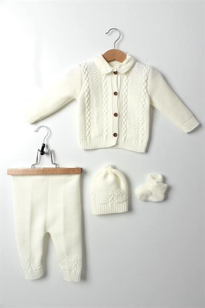 Unisex Bebek Beyaz Triko Takım 4lü Hırka, Pantolon, Bere, Patik Orta Kalın Örgü
