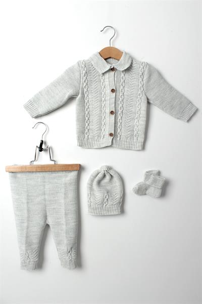 Unisex Bebek Gri Triko Takım 4lü Hırka, Pantolon, Bere, Patik Orta Kalın Örgü
