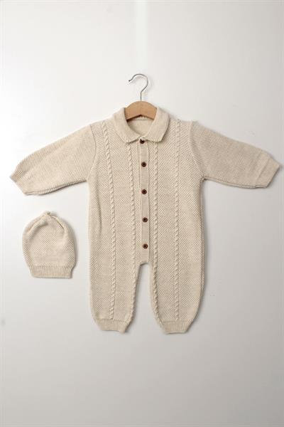Bej Unisex Bebek Tulum Şapkalı Triko Düğmeli Kışlık Örgü Uzun Kollu Yenidoğan Giyim