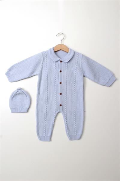 Mavi Erkek Bebek Tulum Şapkalı Triko Düğmeli Kışlık Uzun Kollu Yenidoğan Kıyafeti